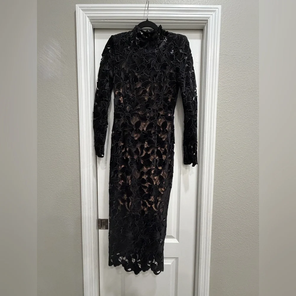 NADINE MERABI Black Floral Lace Long-Sleeve Midi Dress